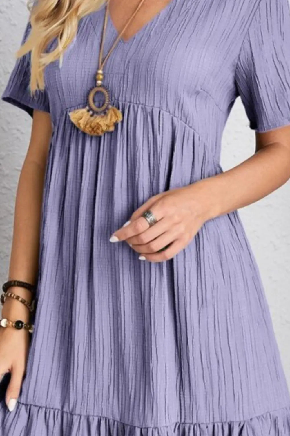 Boho Textured V-Neck Short Sleeve Babydoll Dress - Be Bliss Boutique