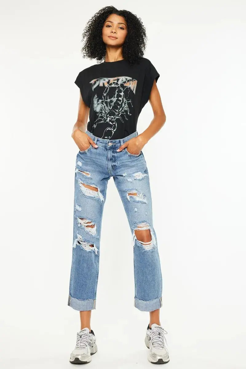 Mid Rise Distressed Kancan Boyfriend Jeans - Medium Wash - Be Bliss Boutique