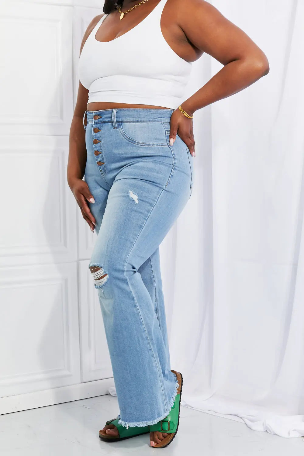 Vibrant MIU Full Size Jess Button Flare Jeans - Be Bliss Boutique