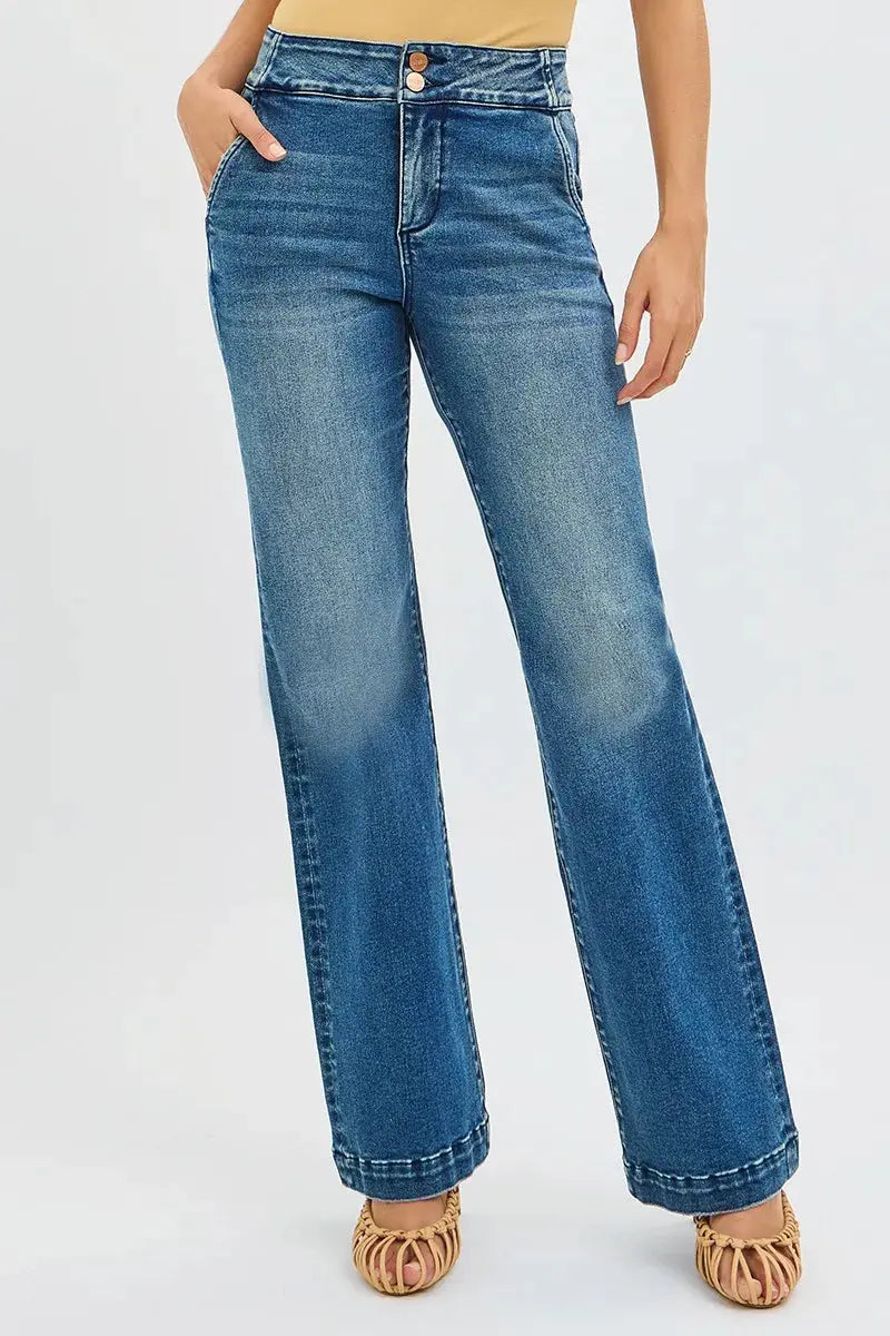 RISEN Jeans - Plus Size Tummy Control Bootcut Jeans with Double Button Waistband - Be Bliss Boutique