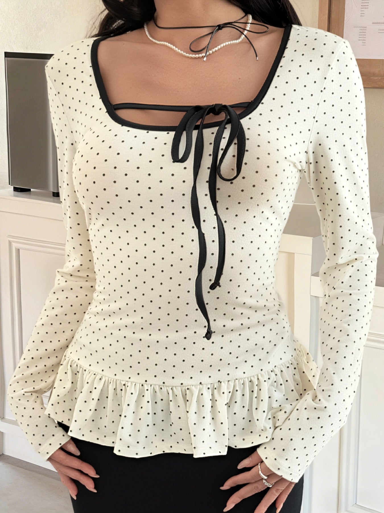 Polka Dot Ruffle Trim Tie Front Long Sleeve Top - Be Bliss Boutique