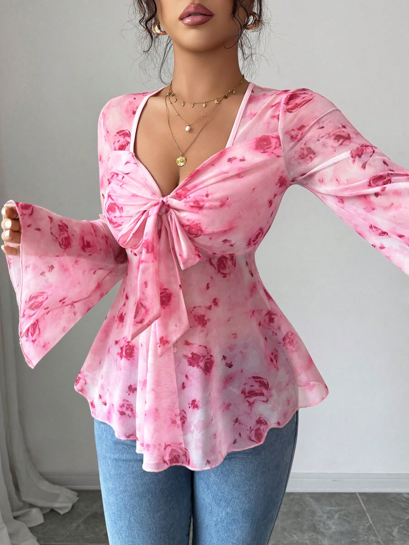 Floral Print Tie Front Chiffon Flare Sleeve Blouse - Be Bliss Boutique