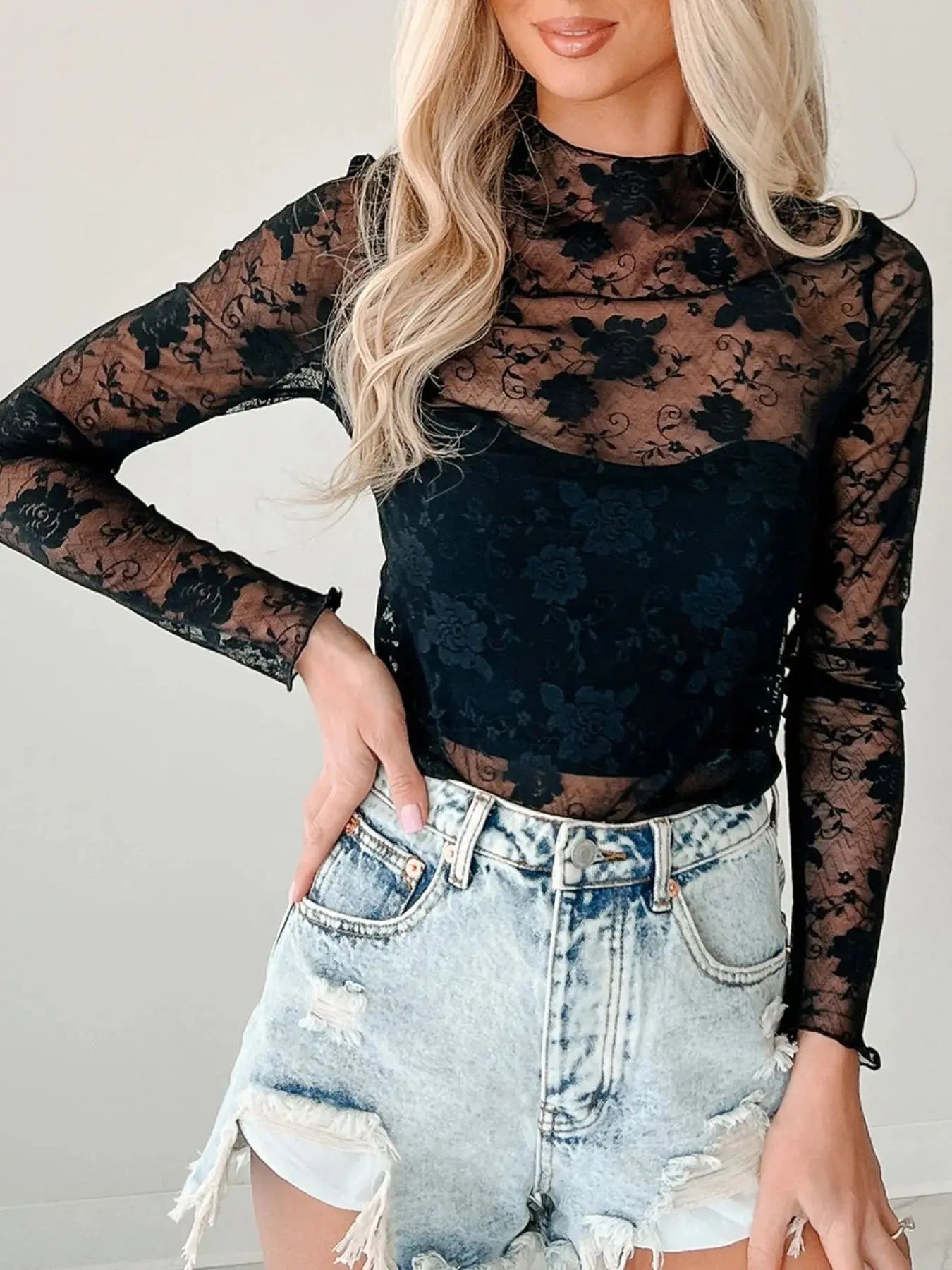 Lace Mock Neck Long Sleeve Blouse - Be Bliss Boutique