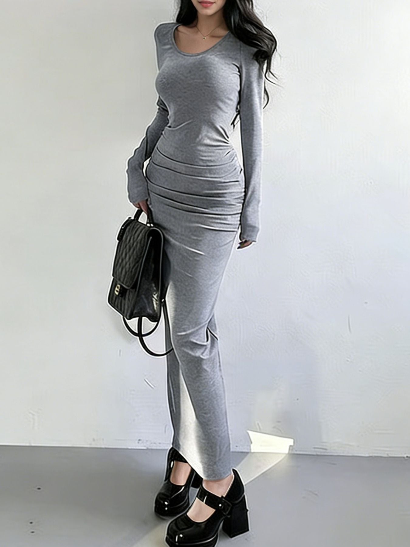 Ruched Slit Long Sleeve Bodycon Maxi Dress - Be Bliss Boutique