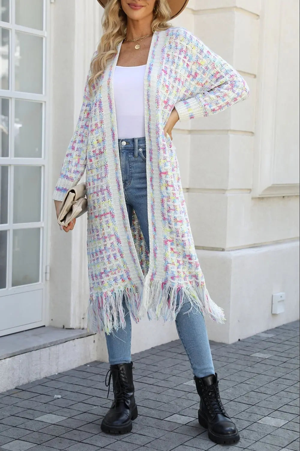 Multicolored Open Front Fringe Hem Cardigan - Be Bliss Boutique