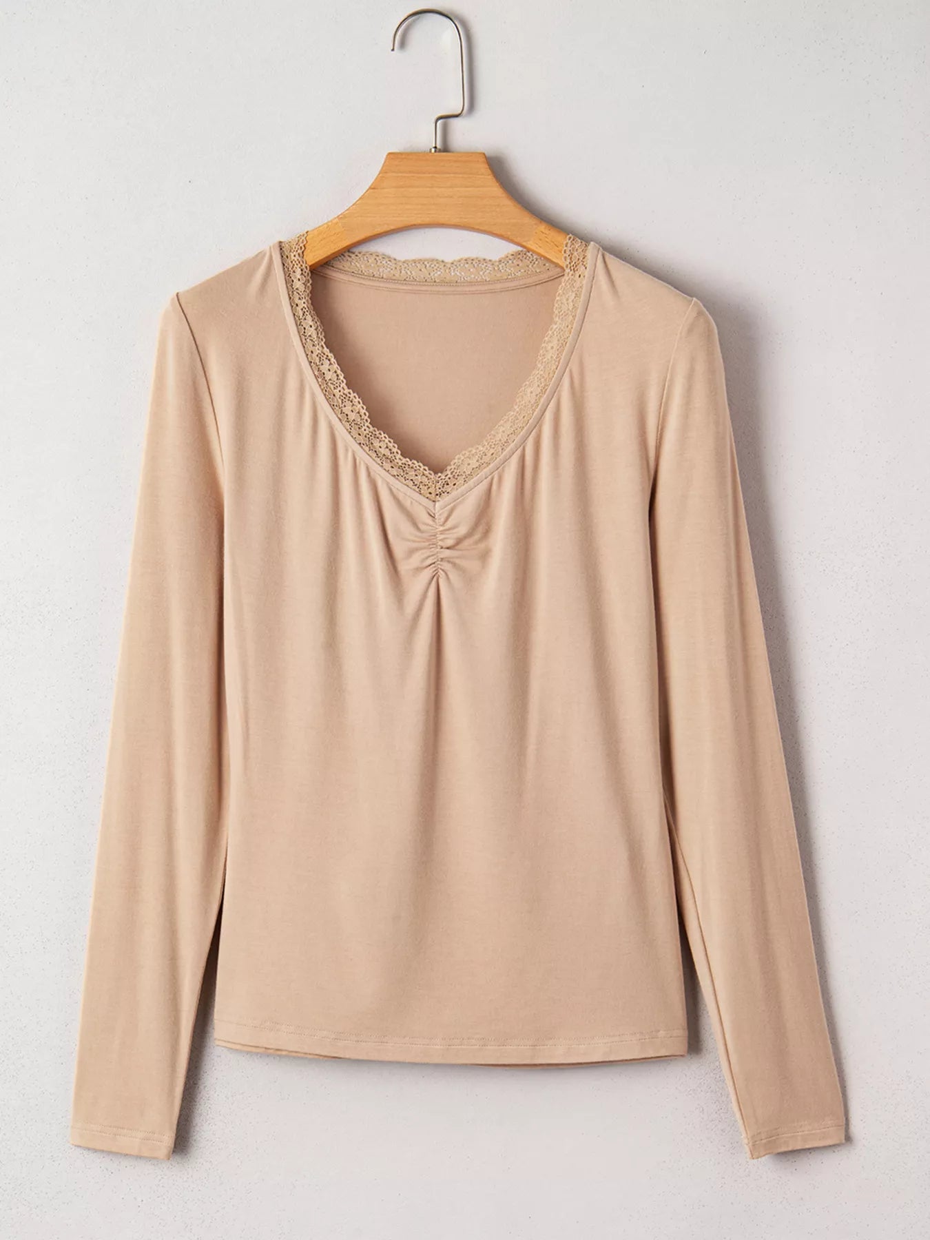 Lace-Trimmed Ruched Detail Long Sleeve T-Shirt - Be Bliss Boutique