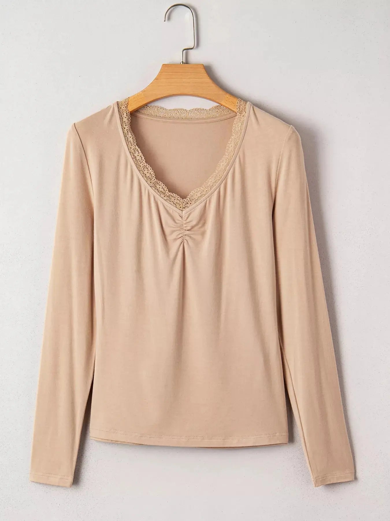 Lace-Trimmed Ruched Detail Long Sleeve T Shirt - Be Bliss Boutique