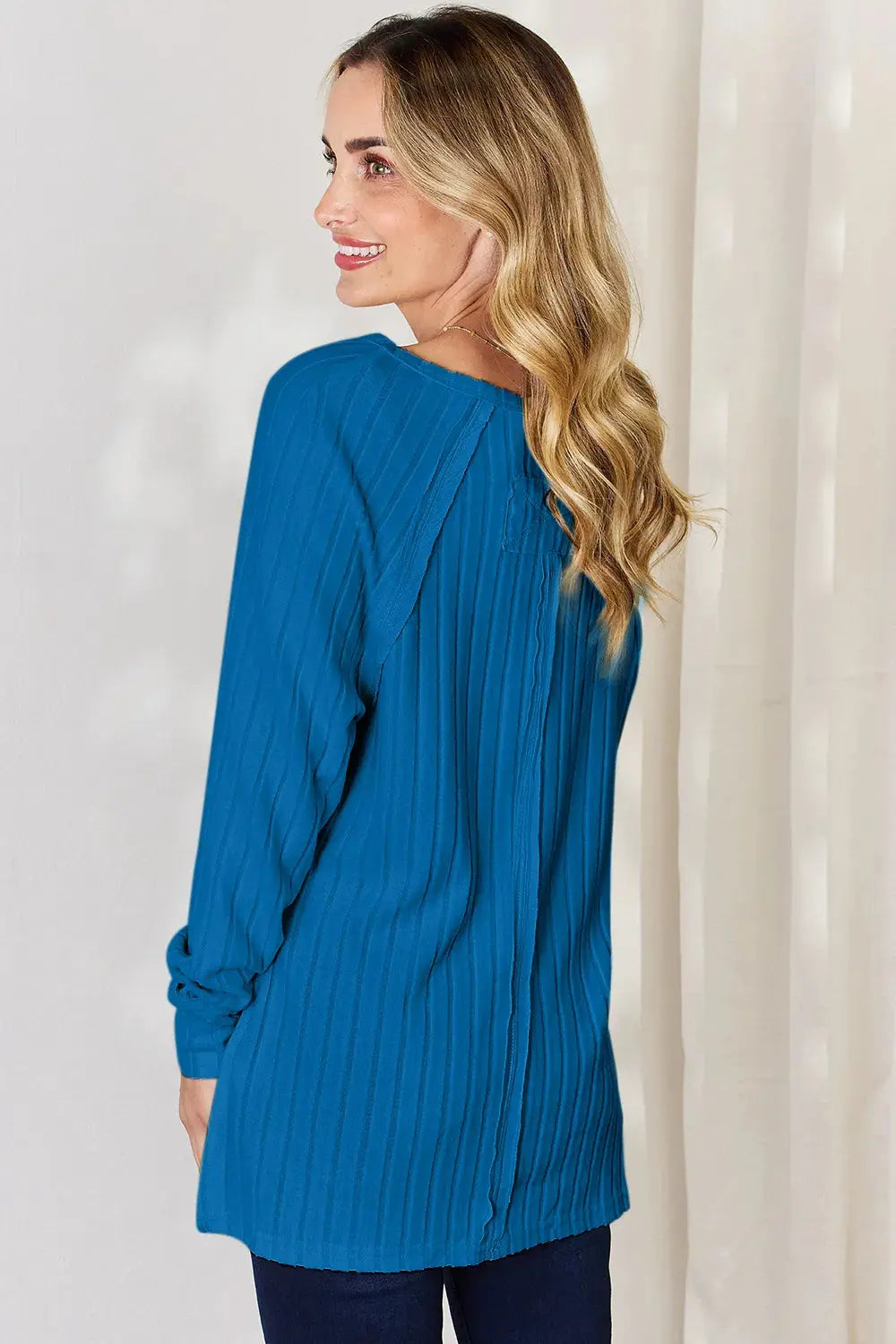 Basic Bae Ribbed Round Neck Slit Womens Long Sleeve T Shirt – Full & Plus Size - Be Bliss Boutique