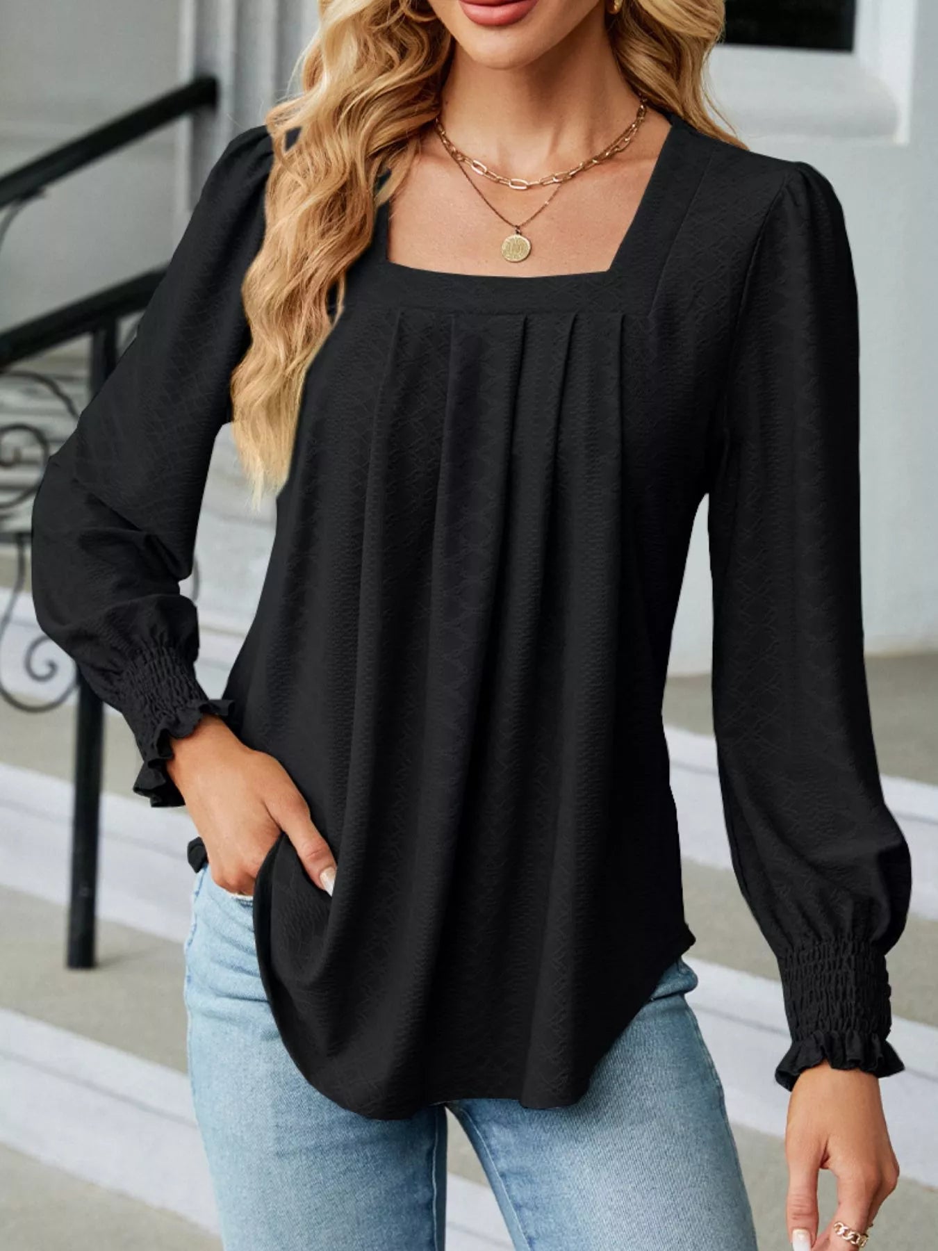 Pleated Square Neck Long Sleeve Top -  Be Bliss Boutique