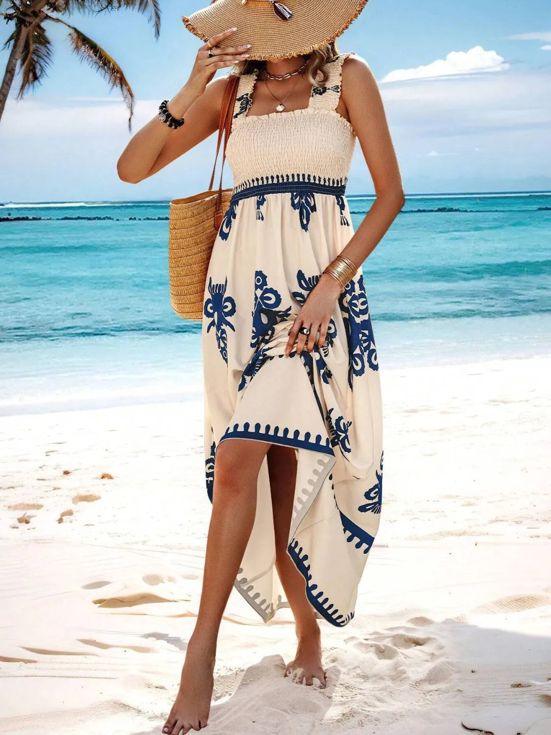 Smocked Printed Wide Strap Maxi Dress - Be Bliss Boutique