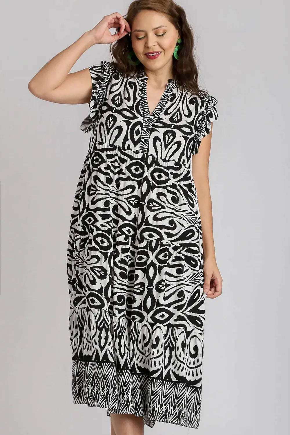 Umgee Two Tone Border Print Ruffle Cap Sleeve Midi Dress – Plus Size - Be Bliss Boutique