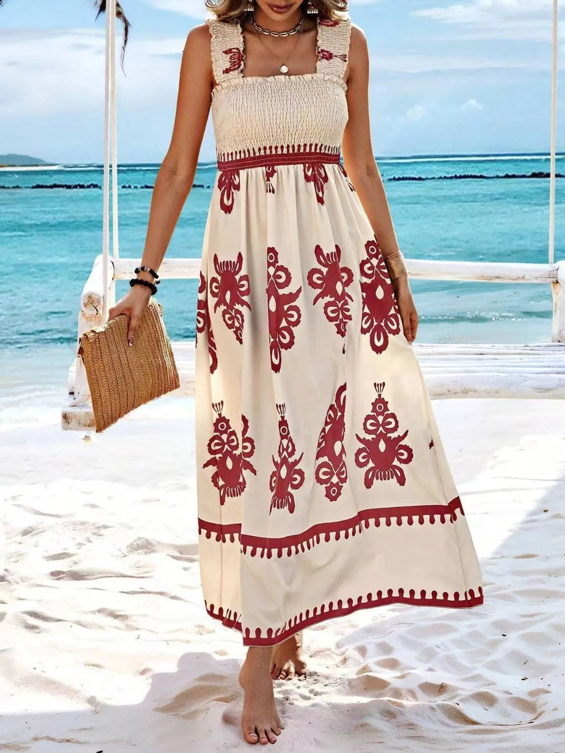 Smocked Printed Wide Strap Maxi Dress - Be Bliss Boutique
