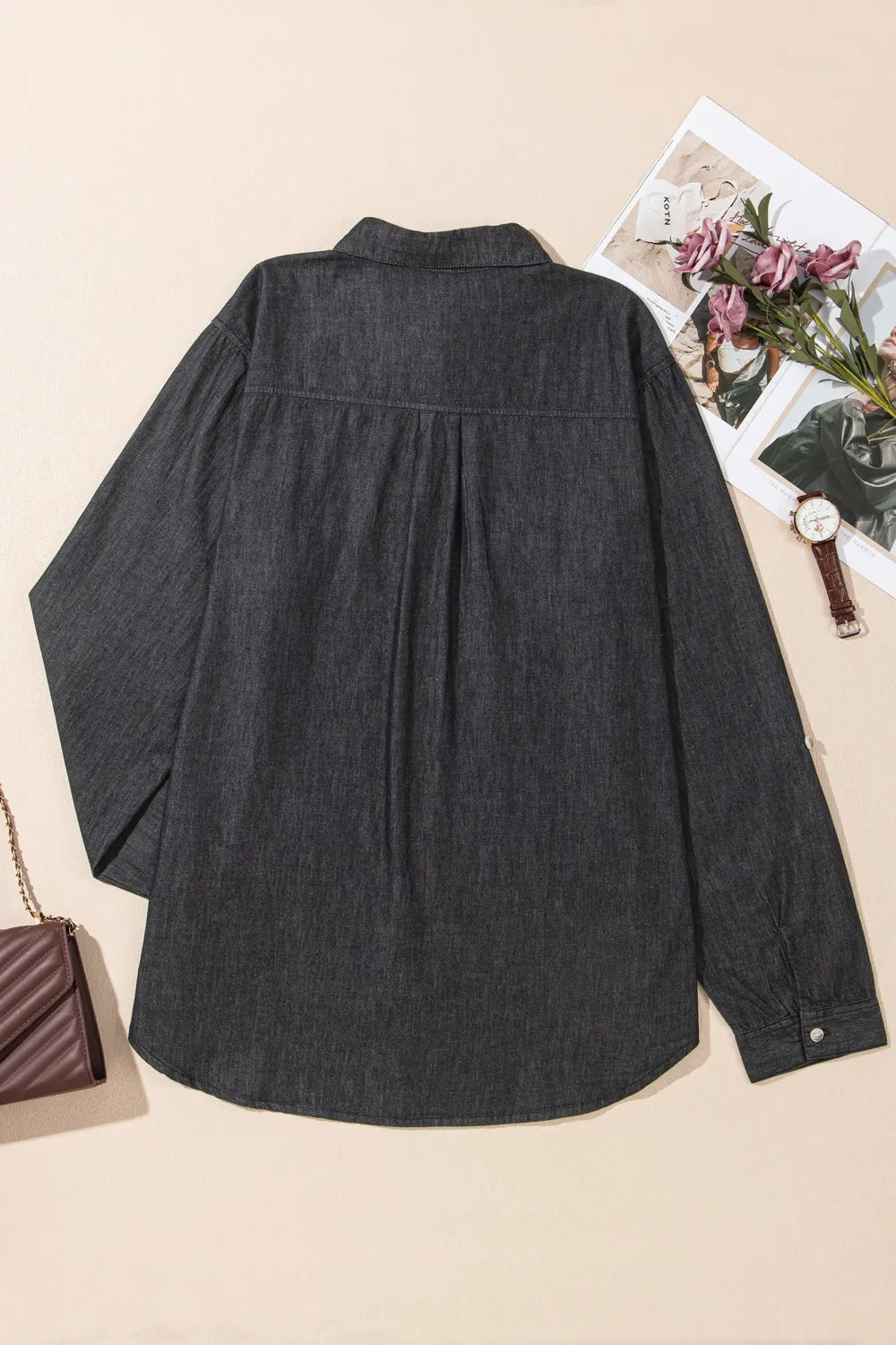 Pocketed Collared Neck Long Sleeve Denim Top - Be Bliss Boutique