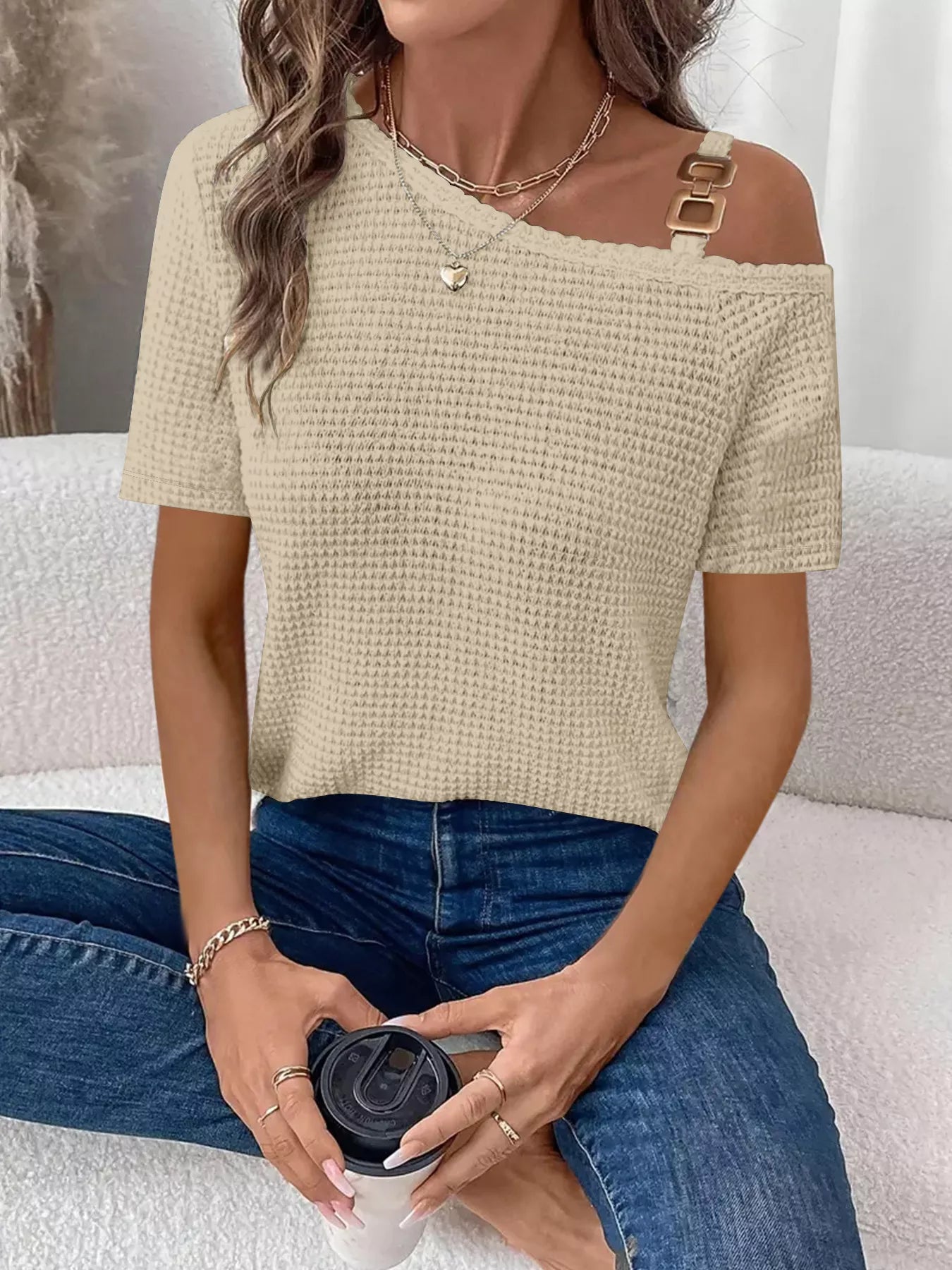 Chain Detail Waffle Knit One Shoulder T Shirt - Be Bliss Boutique