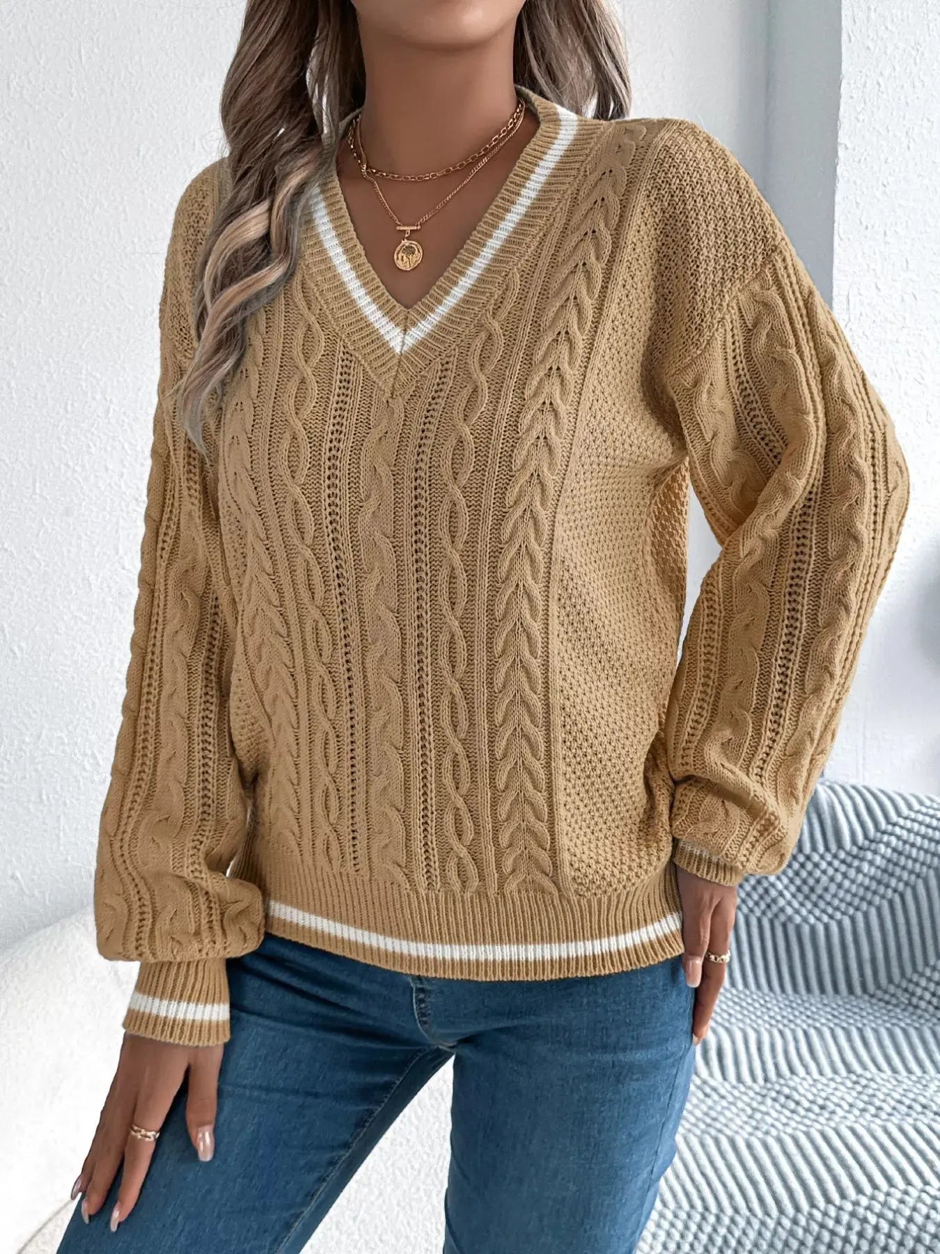 V-Neck Cable Knit Long Sleeve Sweater - Be Bliss Boutique