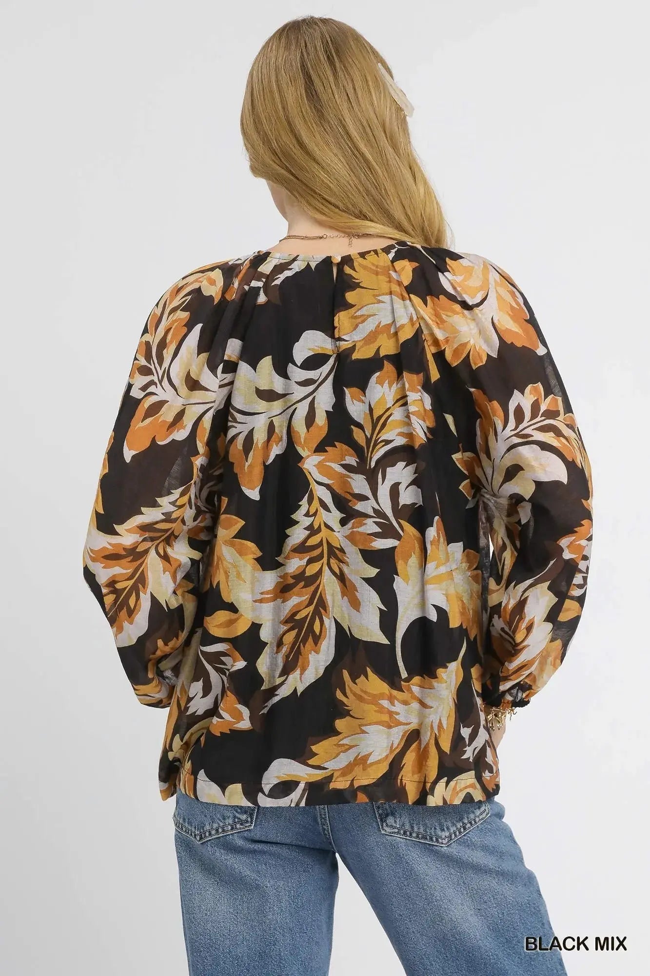 Umgee Autumn Leaf Print Balloon Sleeve Blouse - Be Bliss Boutique