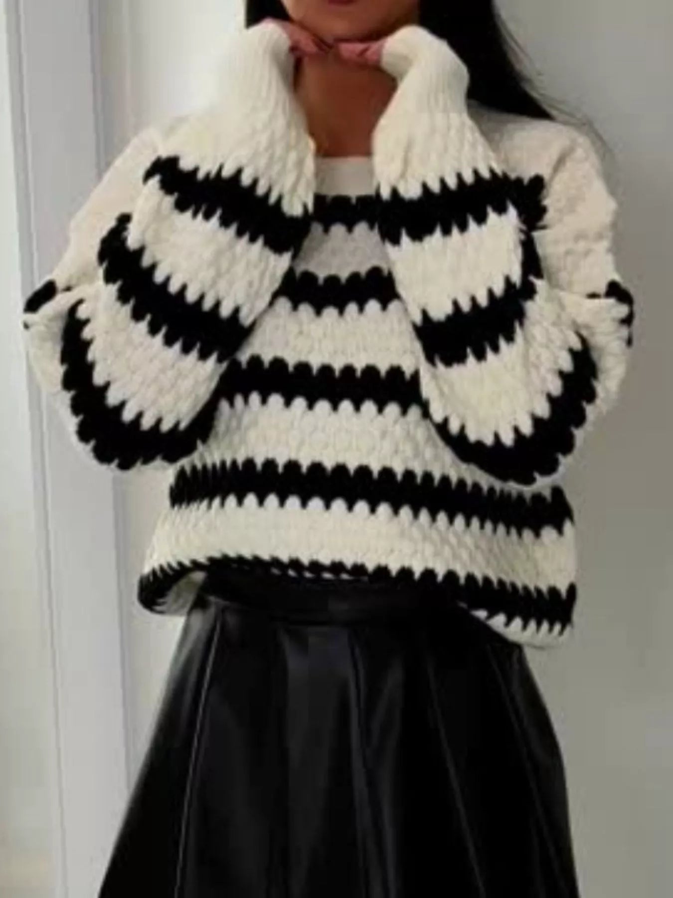 Striped Round Neck Dropped Shoulder Sweater -  Be Bliss Boutique