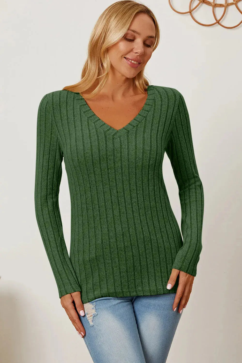 Basic Bae Full Size Ribbed V-Neck Long Sleeve T Shirt for Women - Be Bliss Boutique