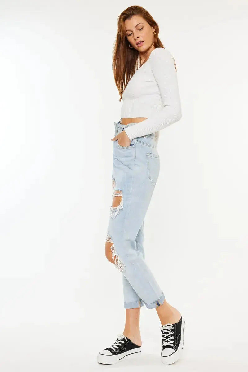 Open Pack Paperbag Distressed Kancan Mom Jeans - Be Bliss Boutique
