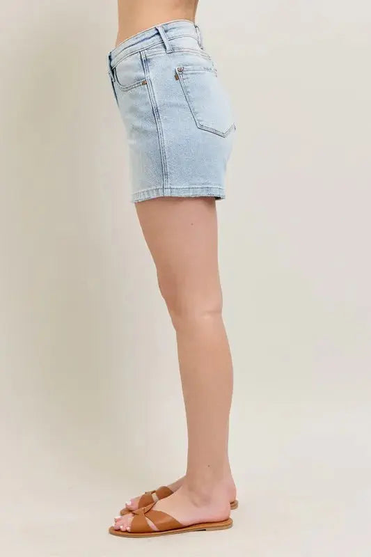 Judy Blue Jeans - Plus Size Frayed Hem High Rise Denim Shorts with Pockets - Be Bliss Boutique