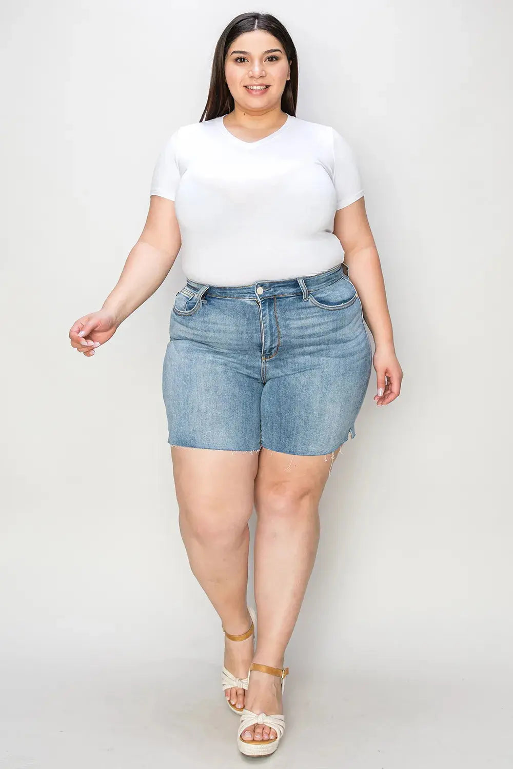 Judy Blue Jeans - Full Size High Waist Raw Hem Denim Shorts - Be Bliss Boutique