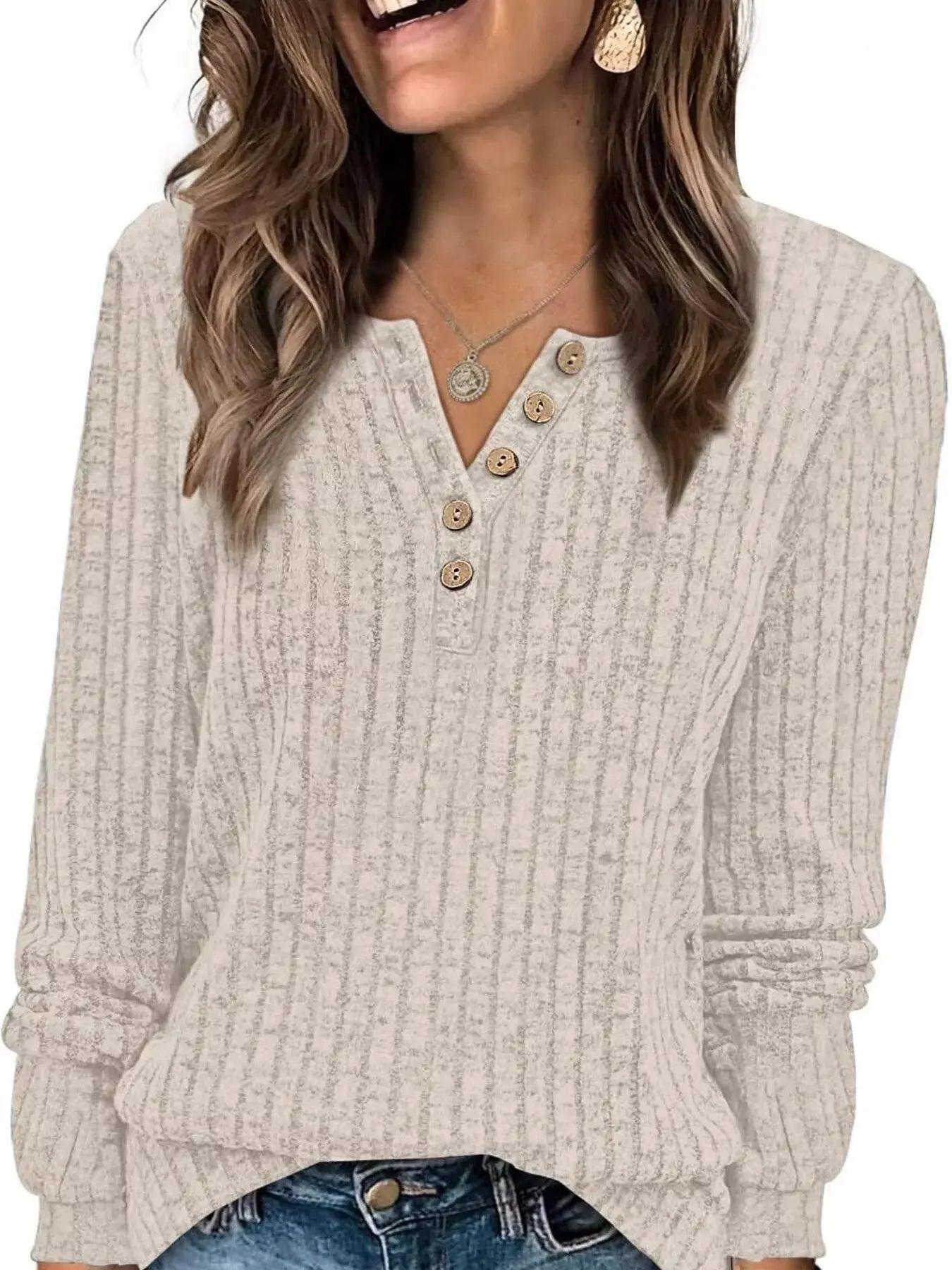 Ribbed Knit Button Front Long Sleeve T Shirt - Be Bliss Boutique