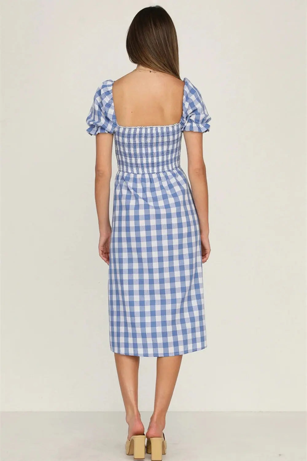 Full Size Slit Plaid Short Sleeve Midi Dress - Be Bliss Boutique
