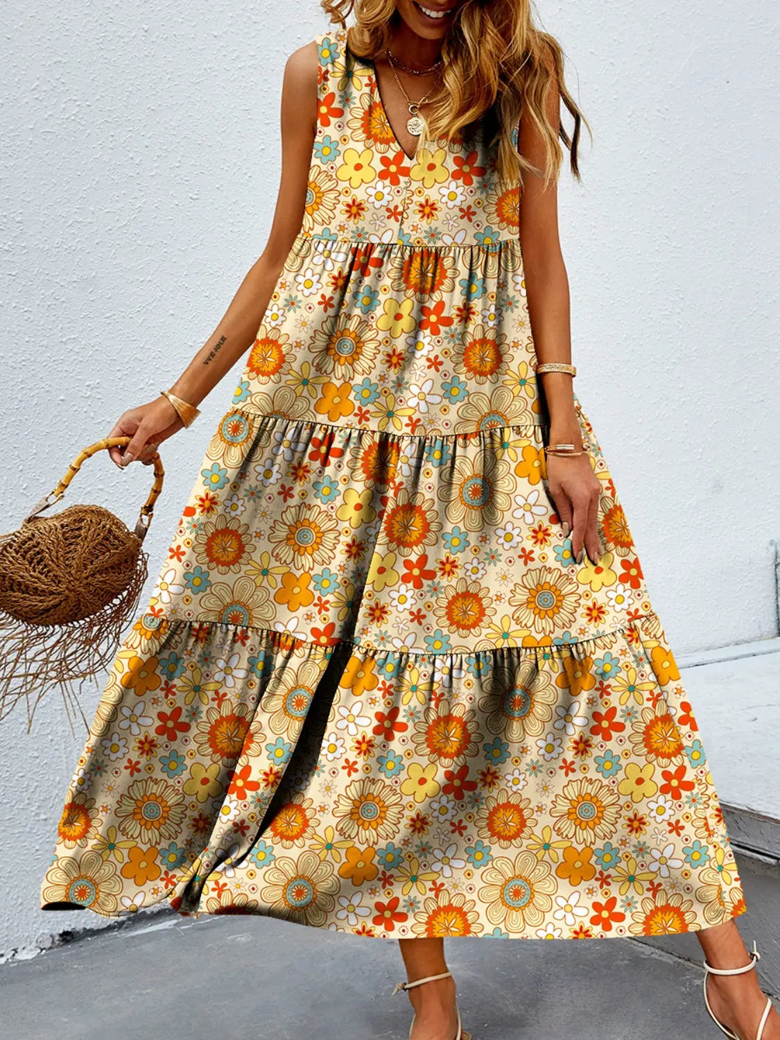 Tiered Printed V-Neck Sleeveless Dress - Be Bliss Boutique
