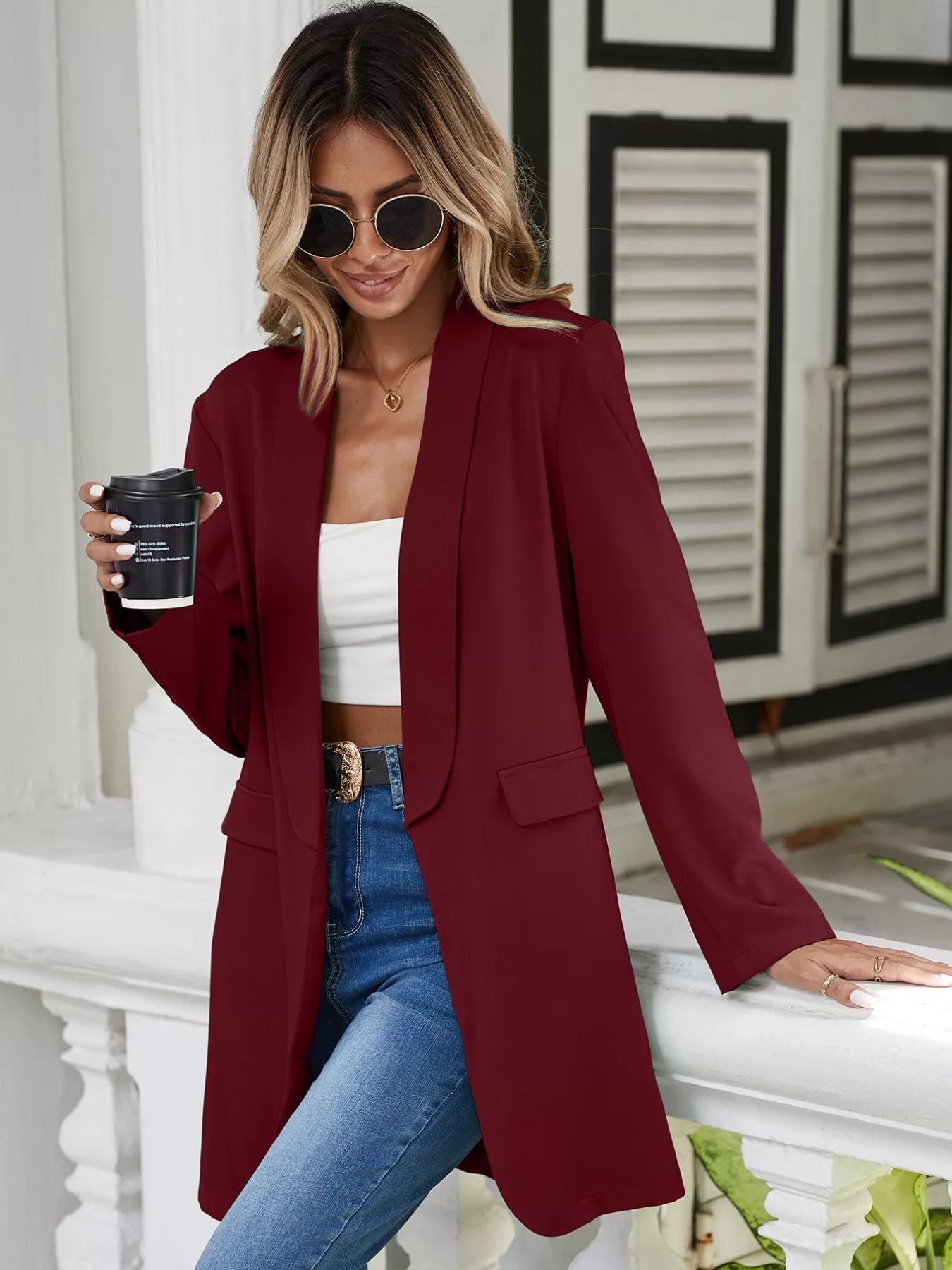 Lapel Collar Long Sleeve Blazer -  Be Bliss Boutique