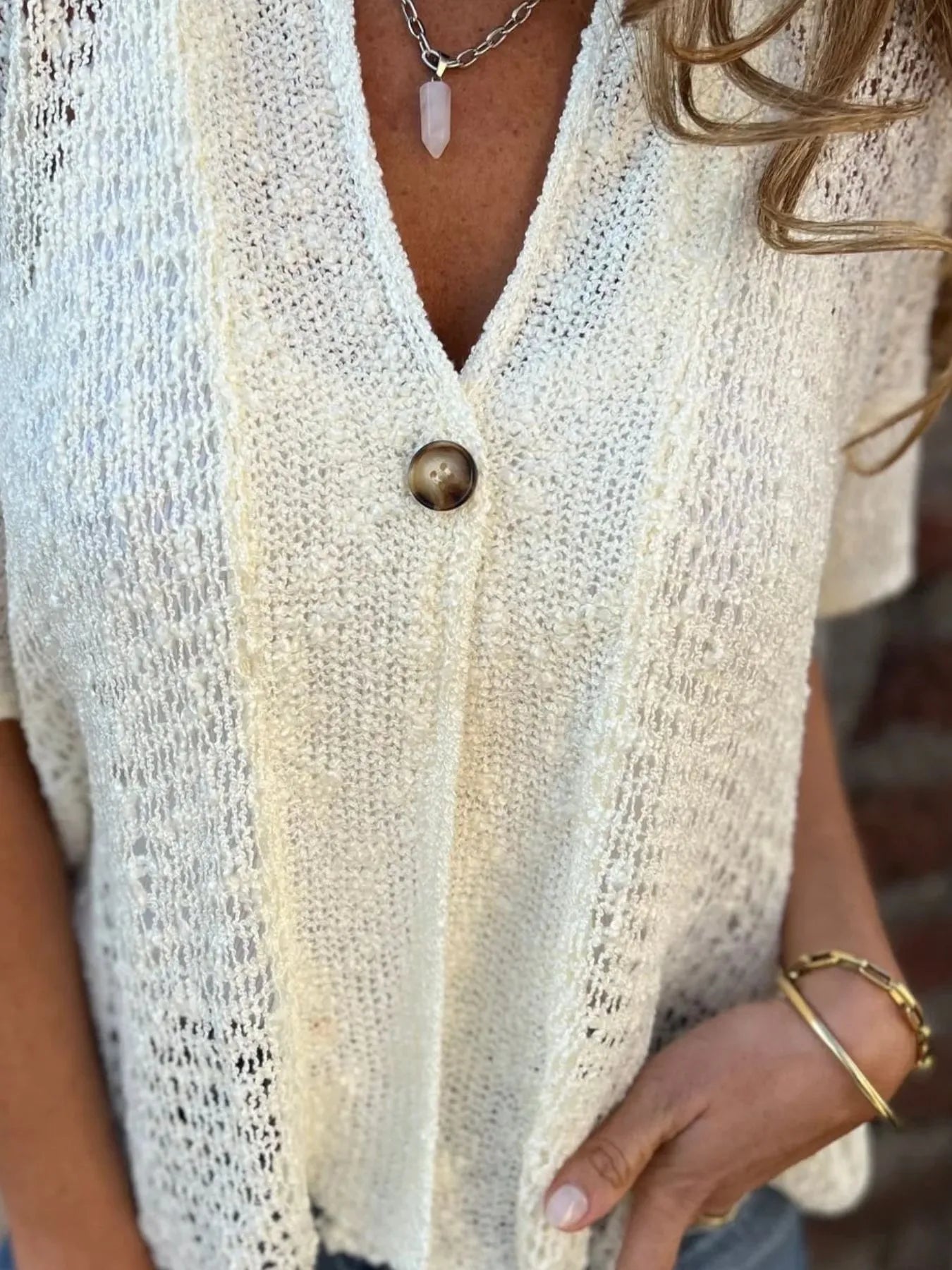 Full Size Knit Openwork One Button Cardigan - Be Bliss Boutique