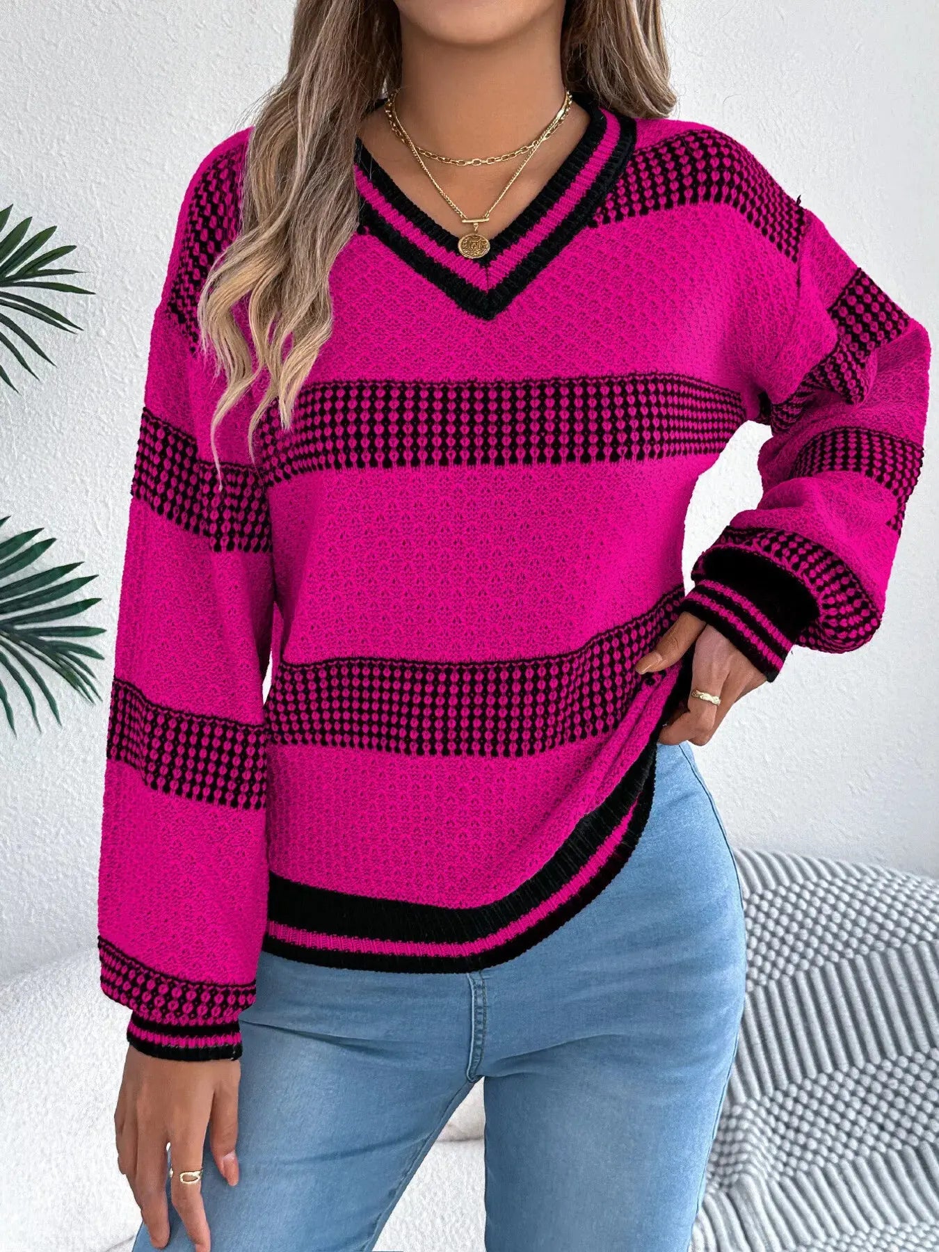 Contrast Striped V Neck Sweater - Be Bliss Boutique