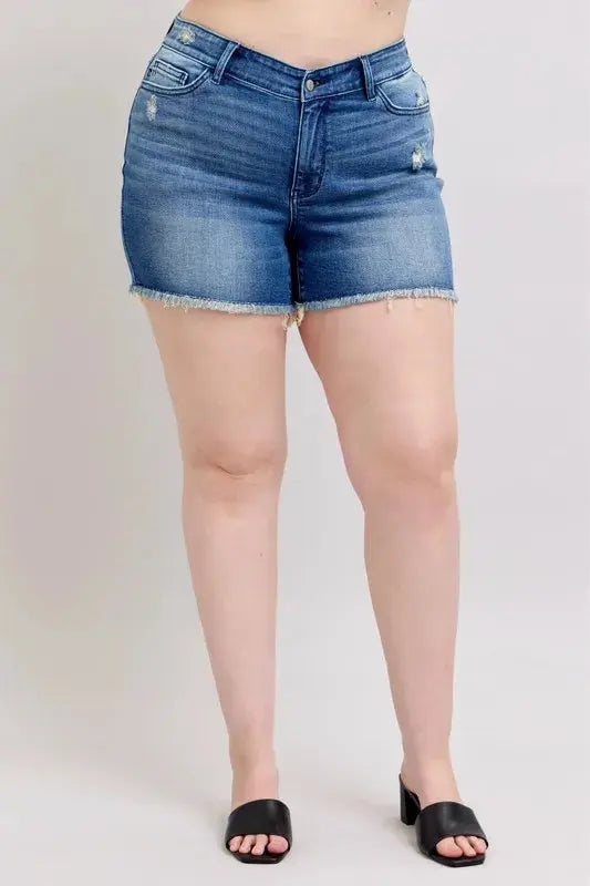 Judy Blue Jeans - Full Size V-Front Denim Shorts with Shield Pockets - Be Bliss Boutique
