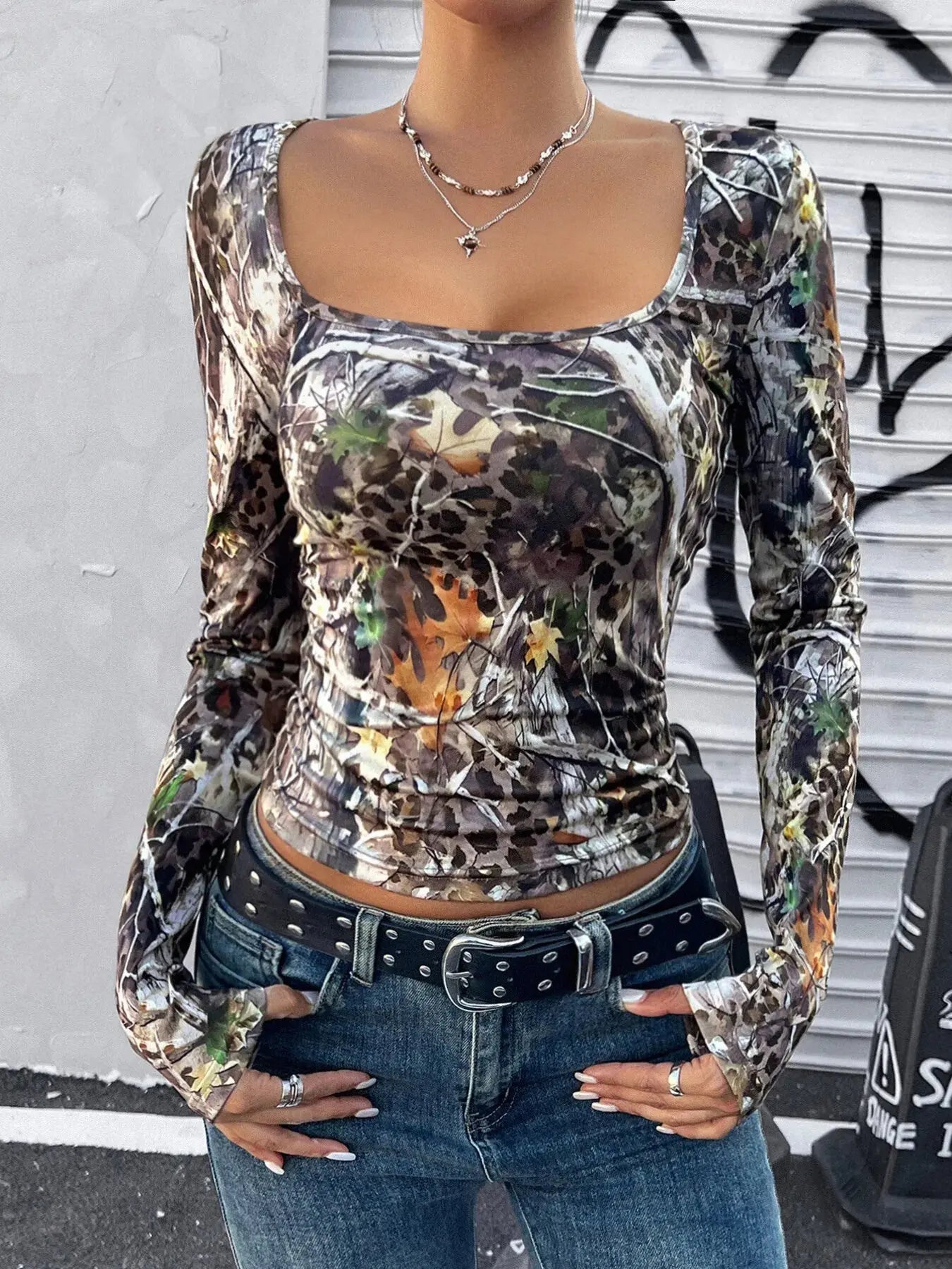 Leopard Camo Long Sleeve Stretch Square Neck Top - Be Bliss Boutique