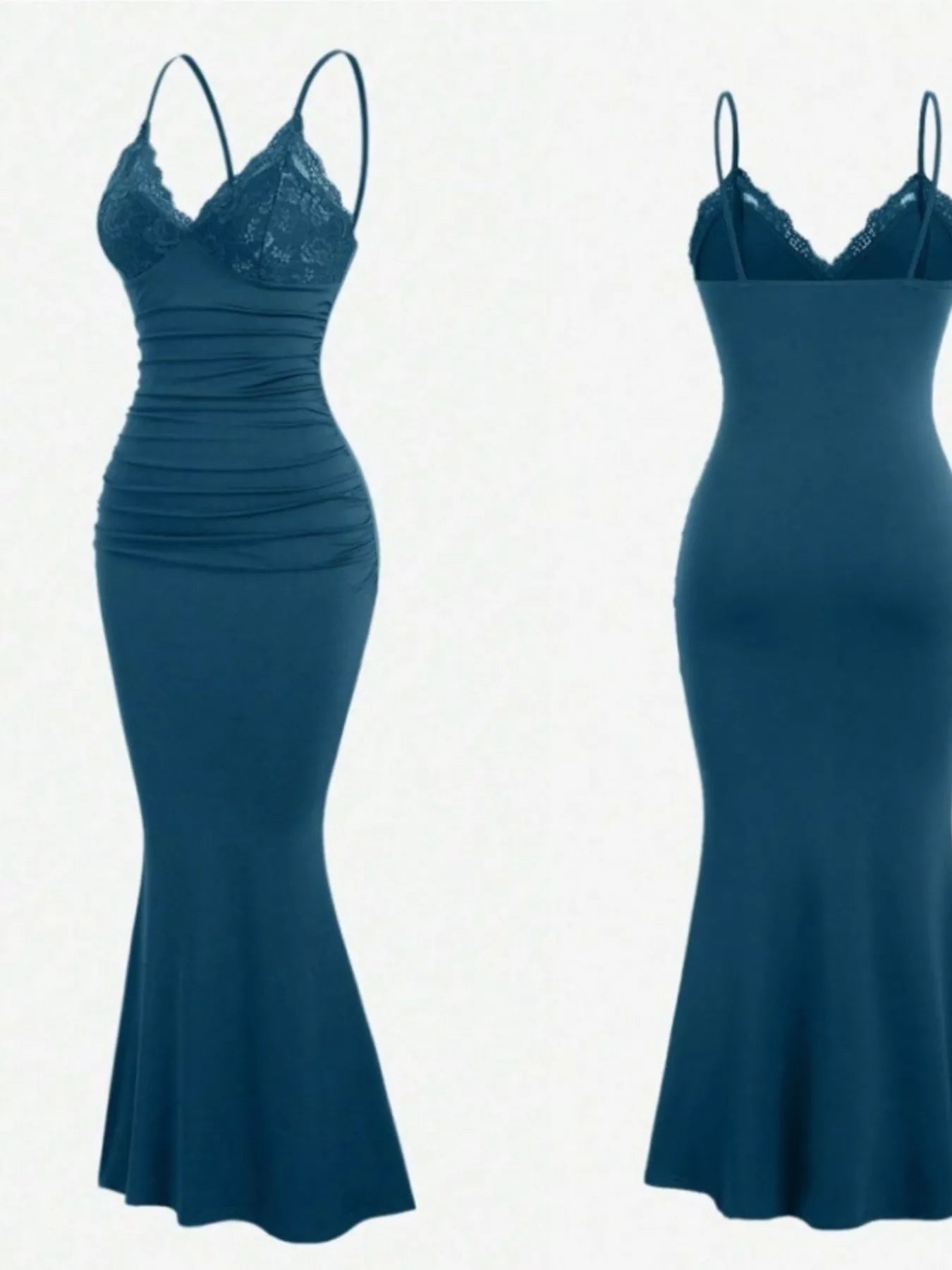 Lace Trim Ruched Mermaid Dress - Be Bliss Boutique