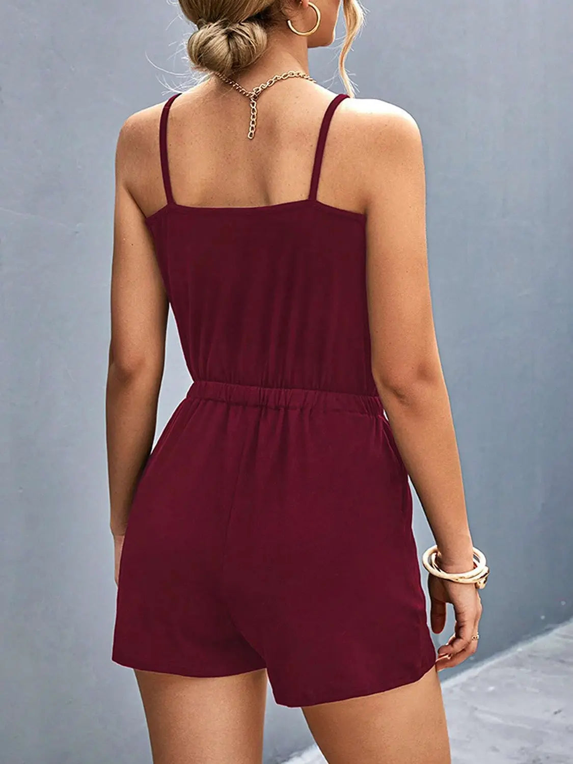 Pocketed Buckle Trim Scoop Neck Romper - Be Bliss Boutique