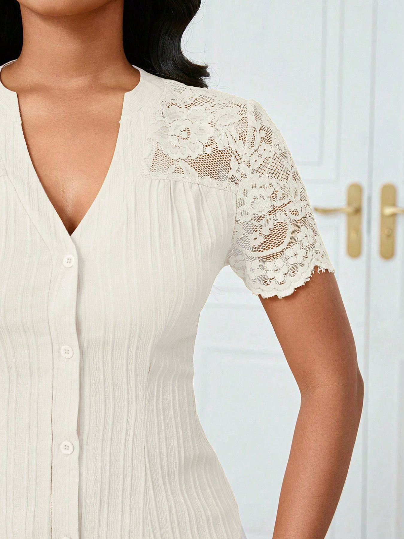 Button Up Lace Sleeve Blouse - Be Bliss Boutique