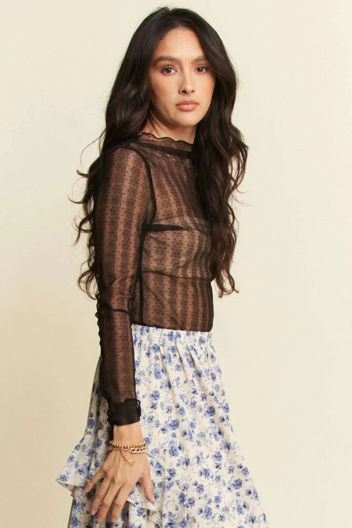 Davi & Dani Black Long Sleeve Lace Turtleneck Sheer Mesh Top - Be Bliss Boutique