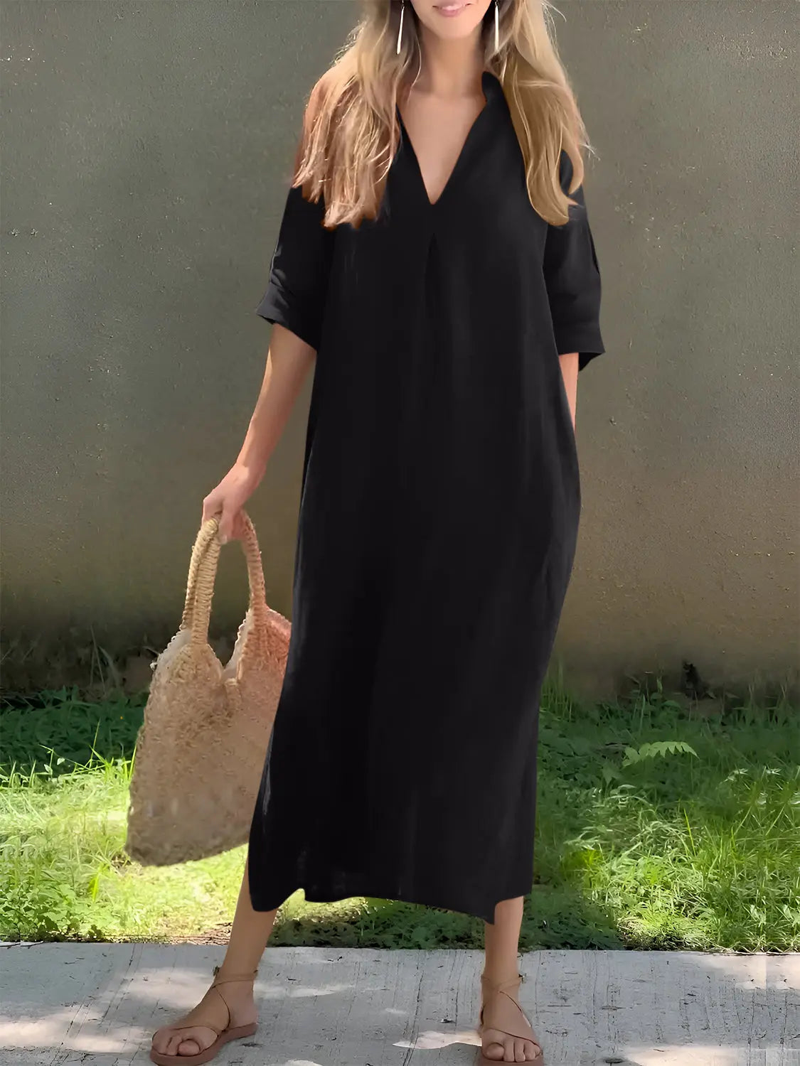 Full Size Notched Half Sleeve Midi Dress - Be Bliss Boutique
