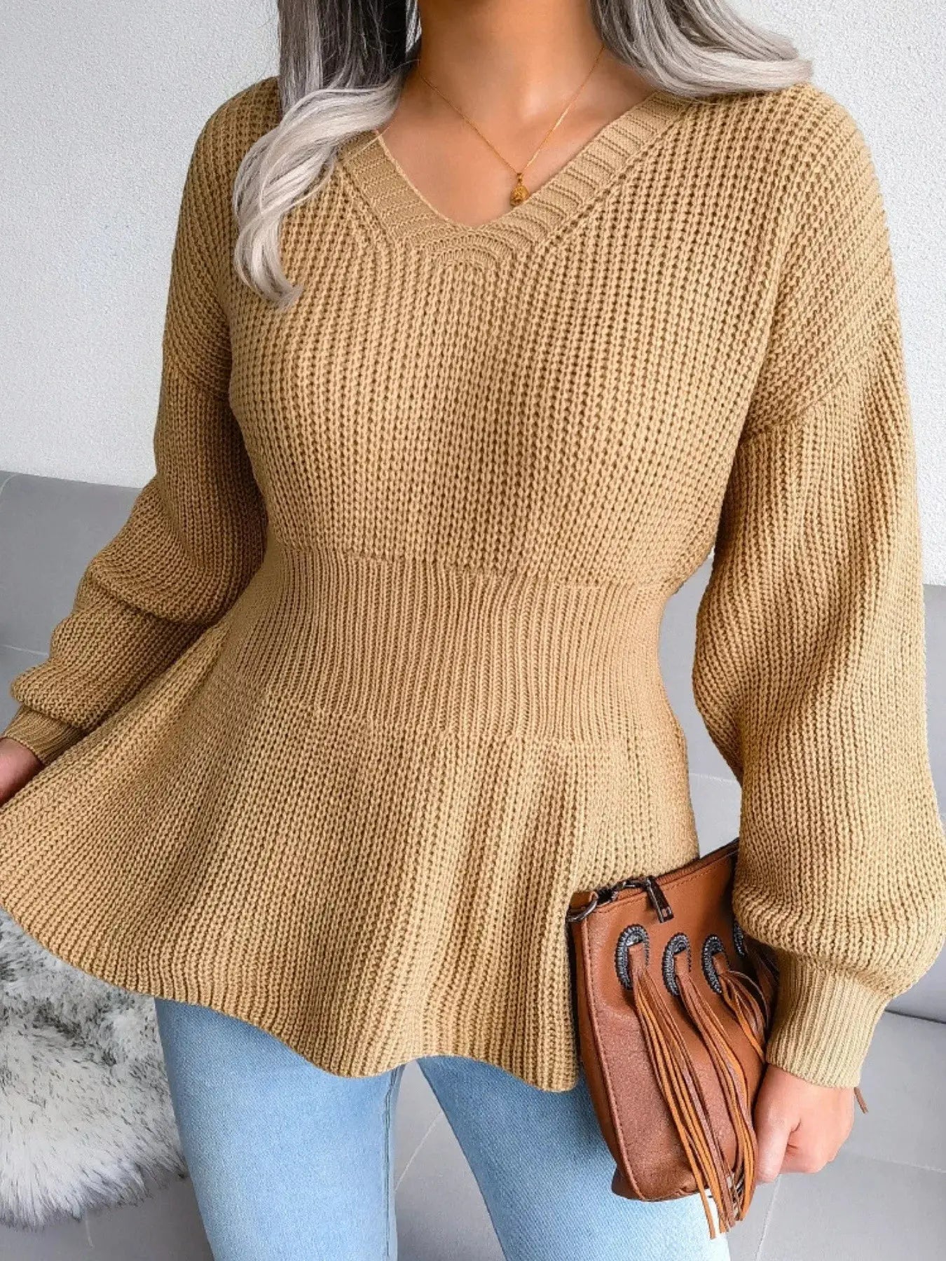V-Neck Dropped Shoulder Sweater - Be Bliss Boutique