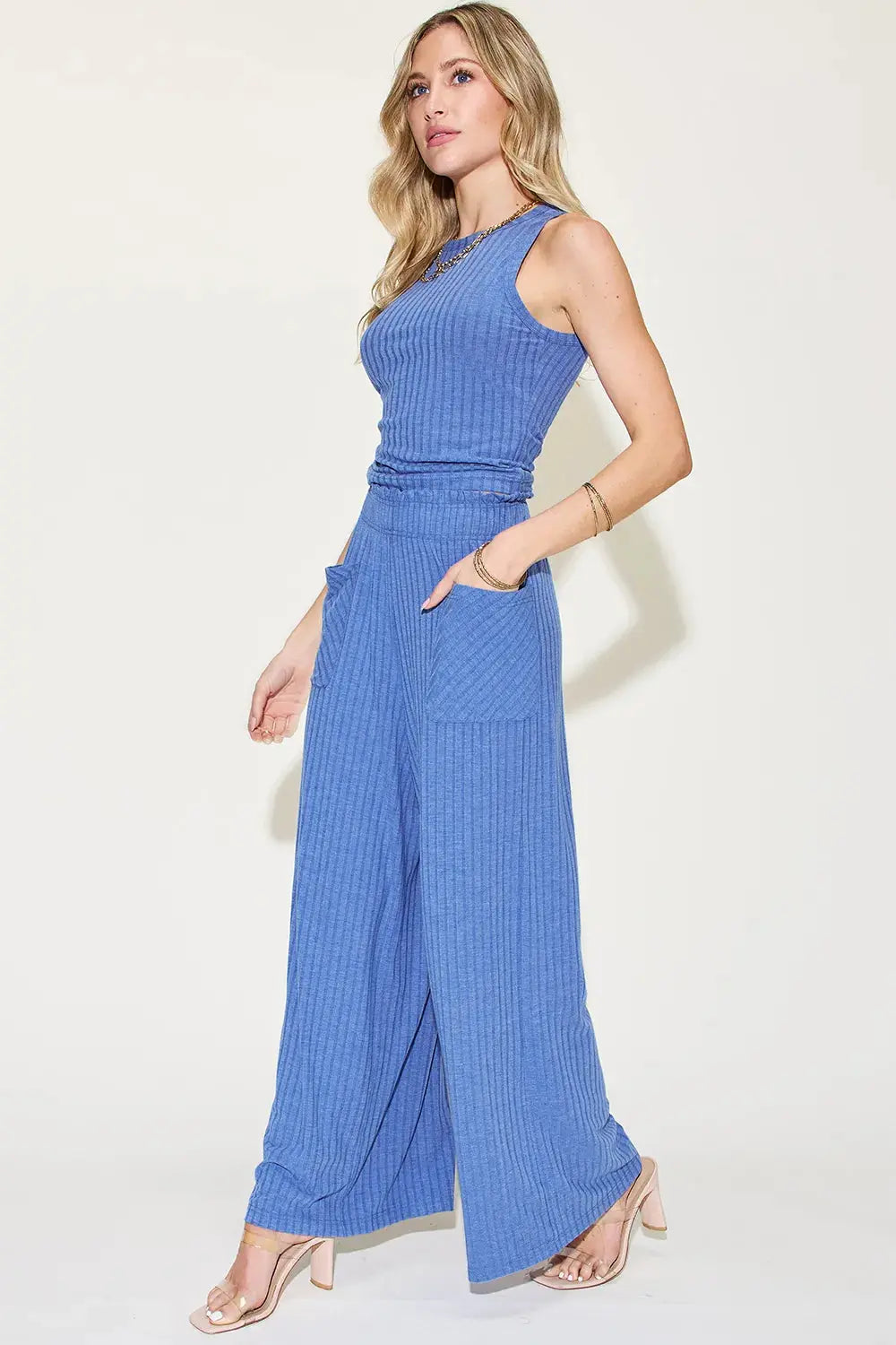 Basic Bae Full Size Ribbed Tank and Wide Leg Pants Set - Be Bliss Boutique
