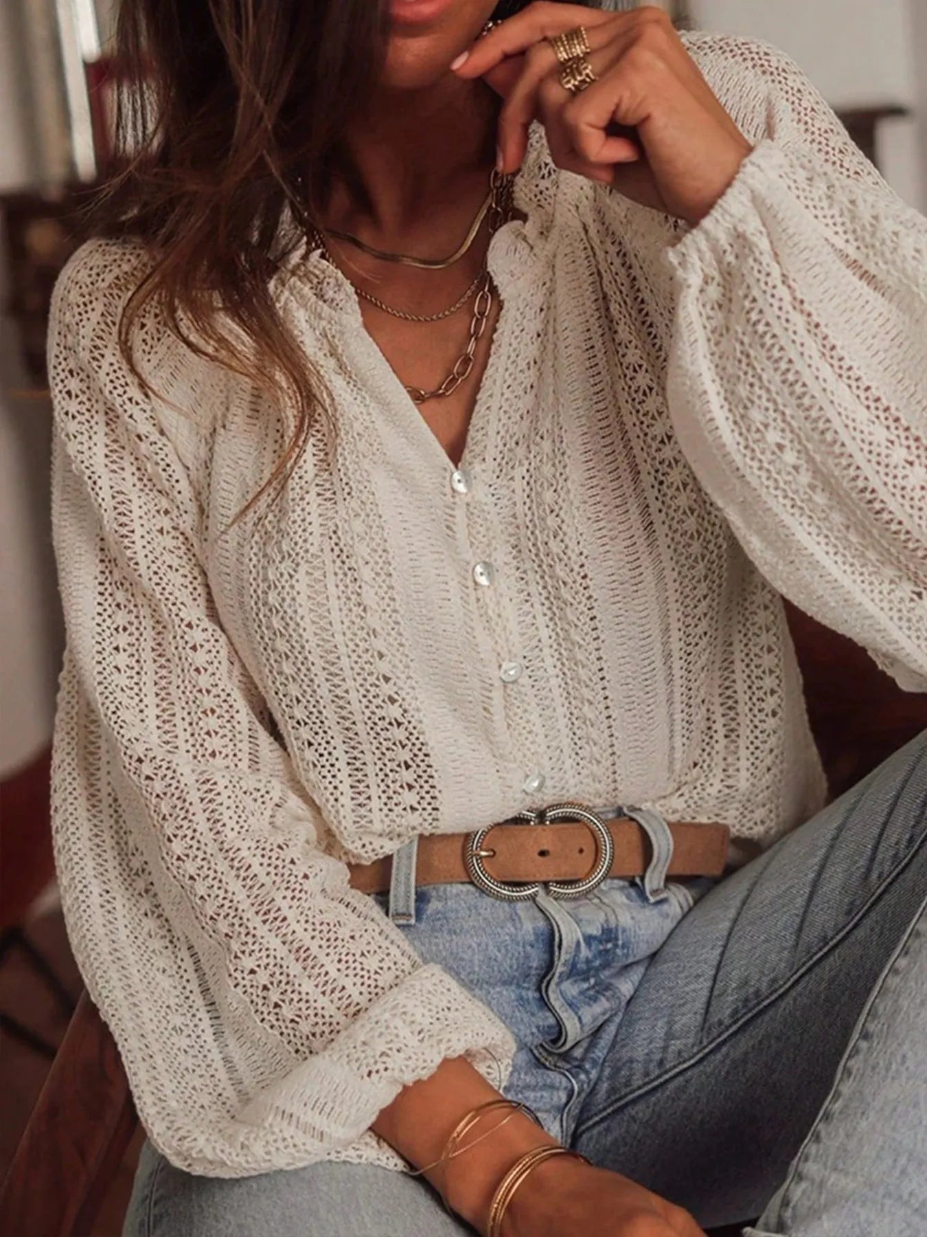 Crochet Notched Button-Front Shirt -  Be Bliss Boutique