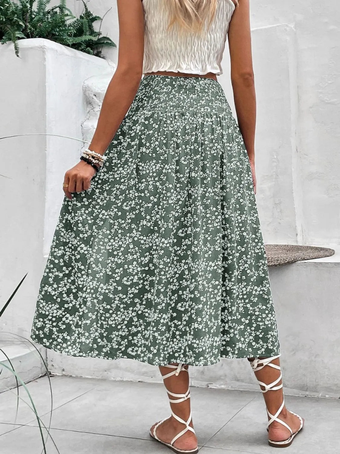 Slit Smocked High Waist Floral Midi Skirt - Be Bliss Boutique