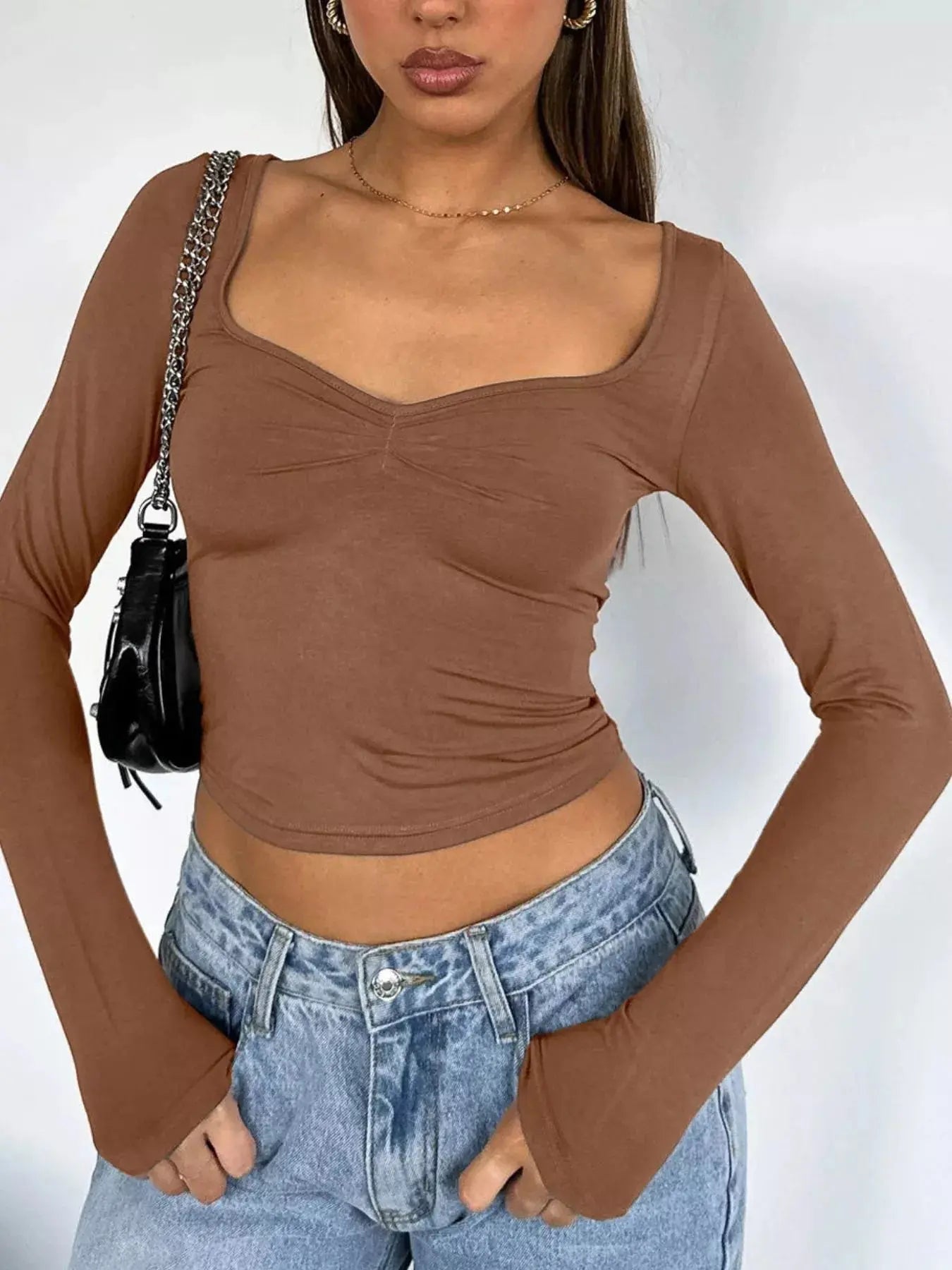 Sweetheart Neck Long Sleeve Crop T Shirt - Be Bliss Boutique