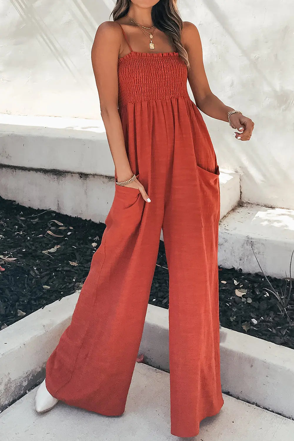 Smocked Spaghetti Strap Wide Leg Jumpsuit - Be Bliss Boutique