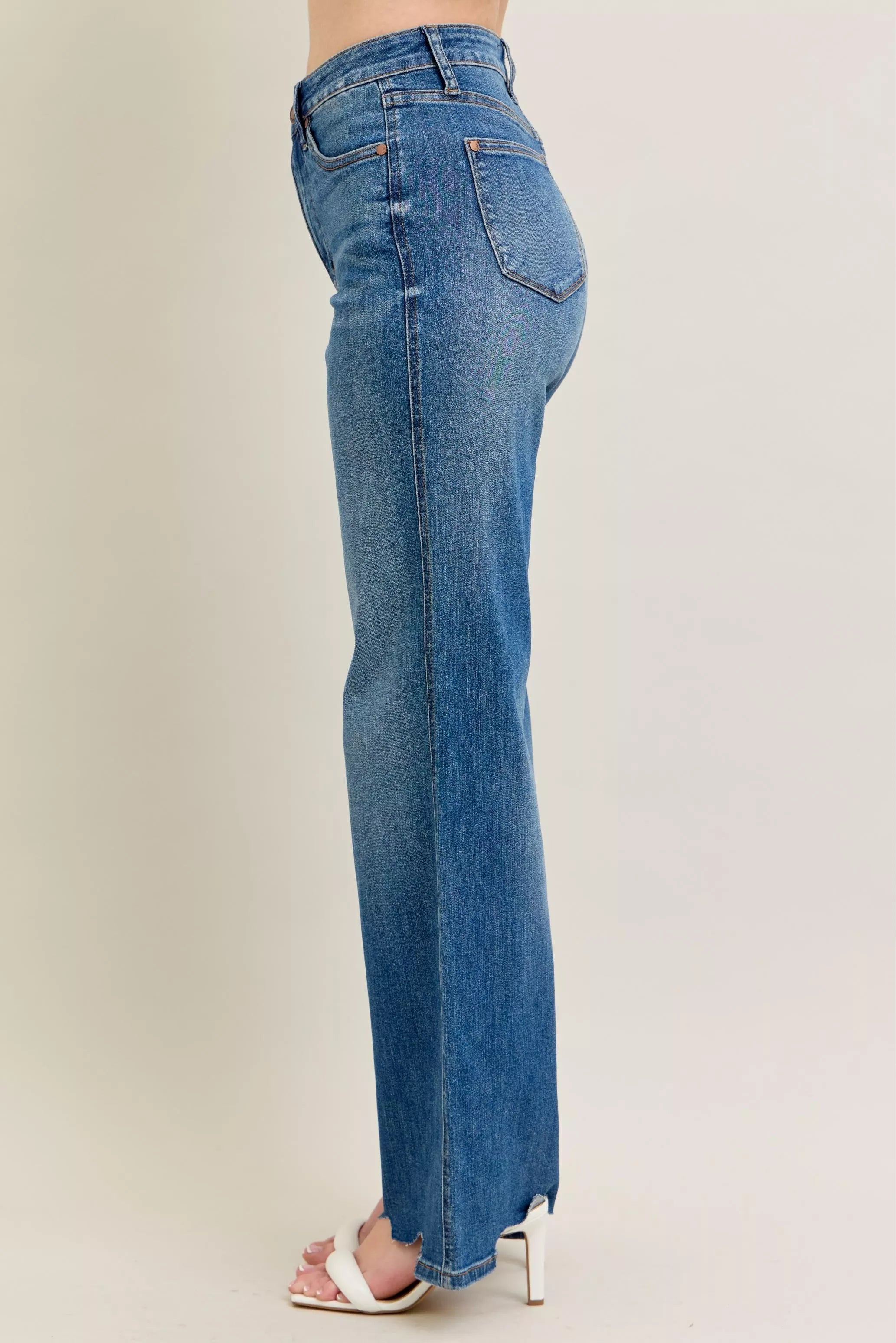 Judy Blue Full Size High Waist Tummy Control Chew Hem Destroy Wide Jeans Plus Size - Be Bliss Boutique