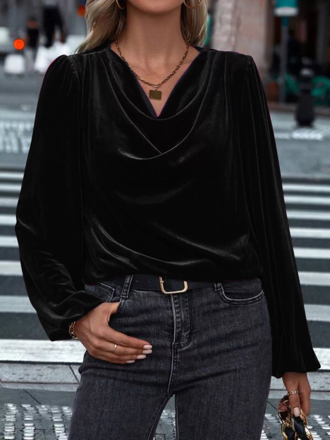 Velvet Cowl Neck Long Sleeve Blouse - Be Bliss Boutique