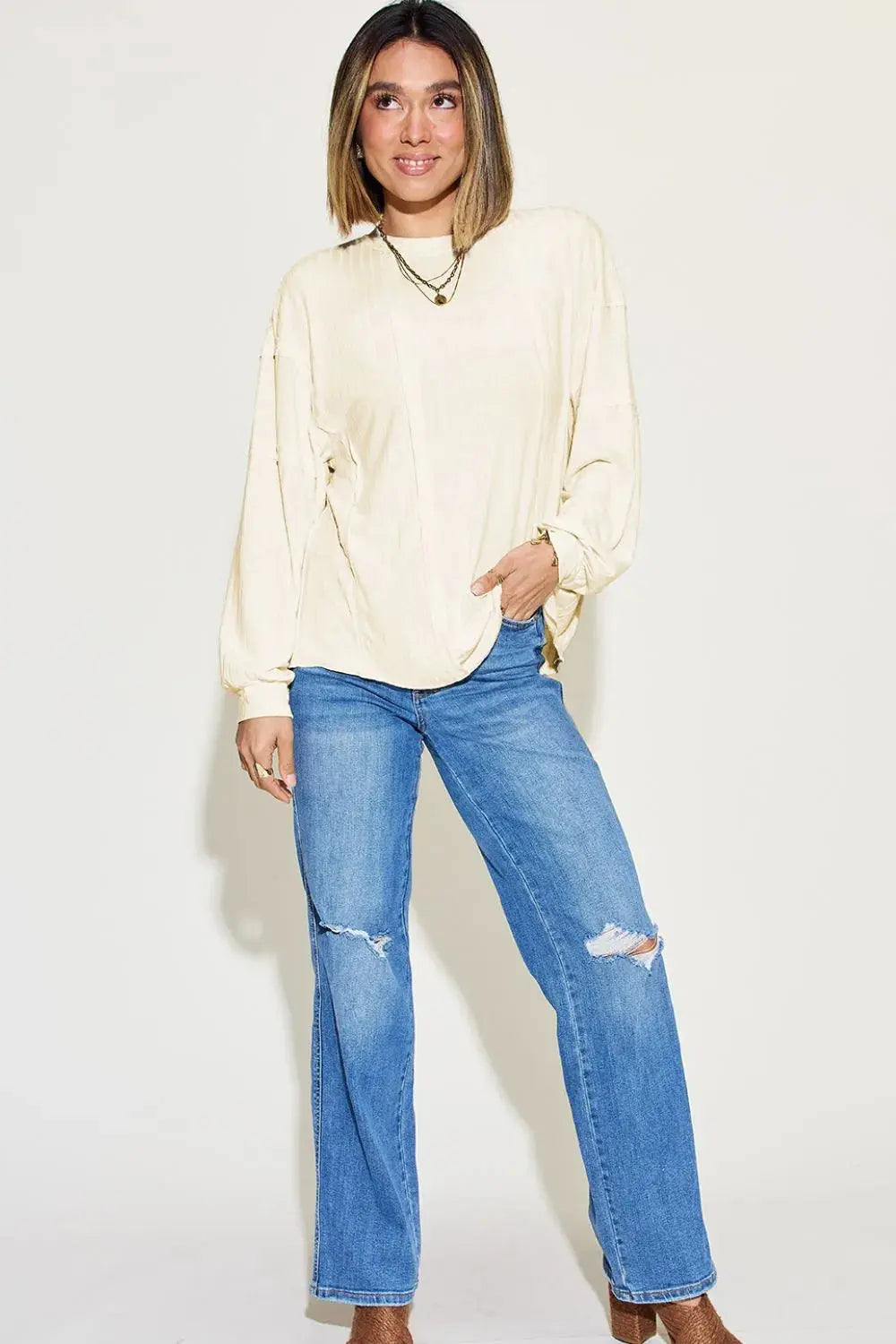 Basic Bae Full Size Round Neck Ribbed Long Sleeve T Shirt - Be Bliss Boutique