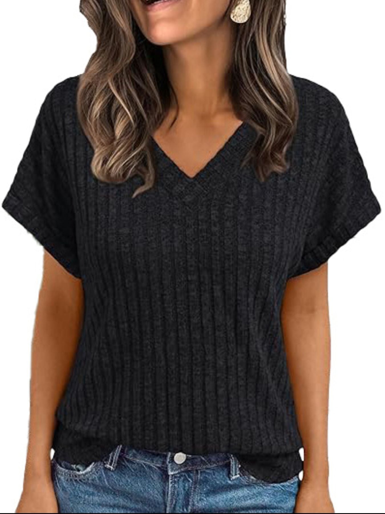 Ribbed Knit V Neck Relaxed Fit T Shirt - Be Bliss Boutique