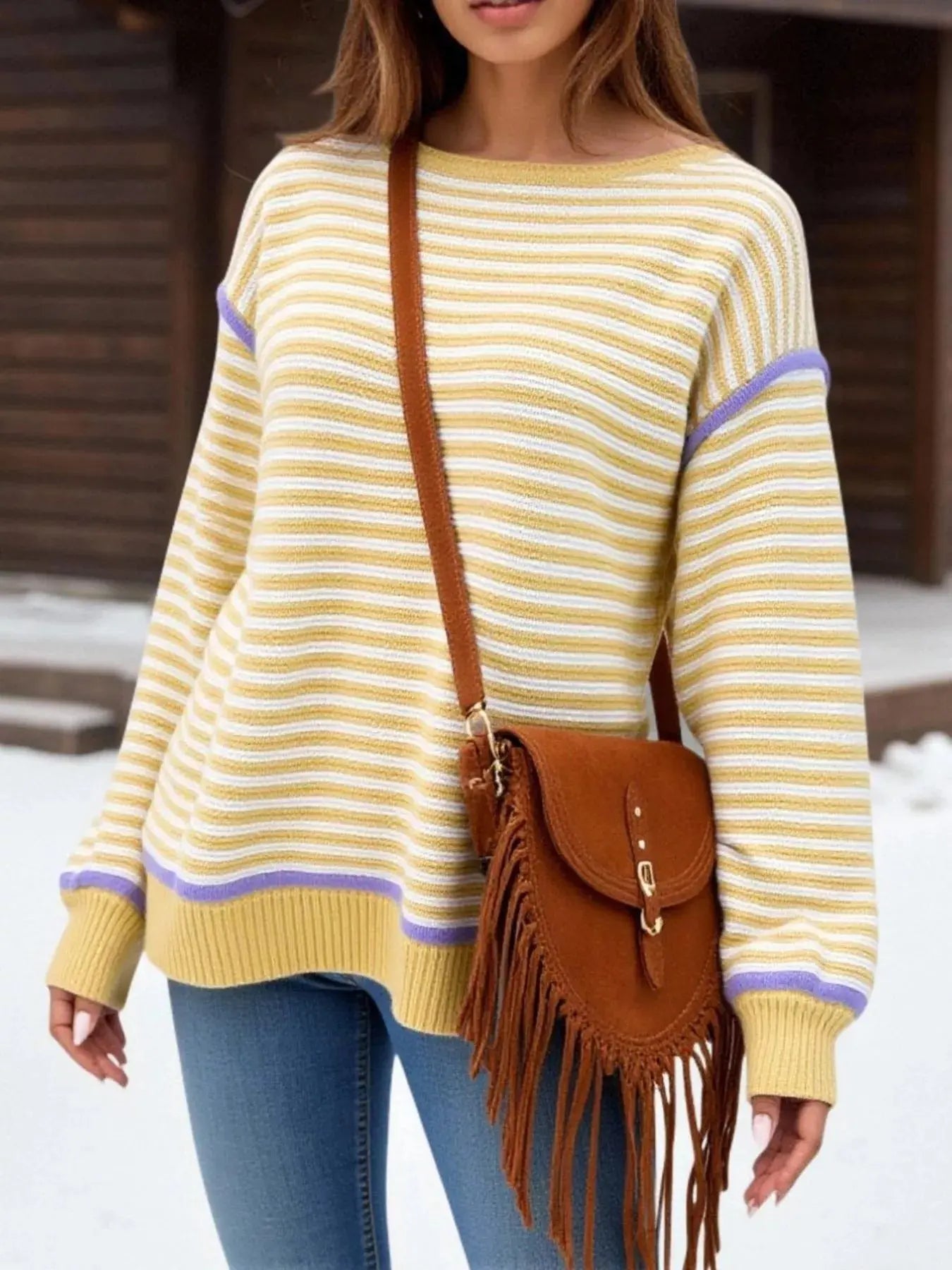 Striped Round Neck Long Sleeve Sweater - Be Bliss Boutique
