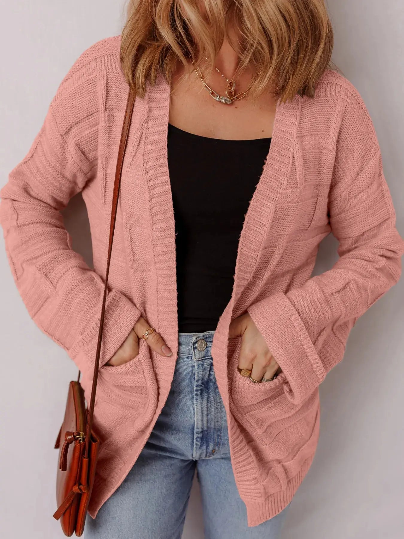 Textured Knit Open Front Cardigan with Pockets - Be Bliss Boutique
